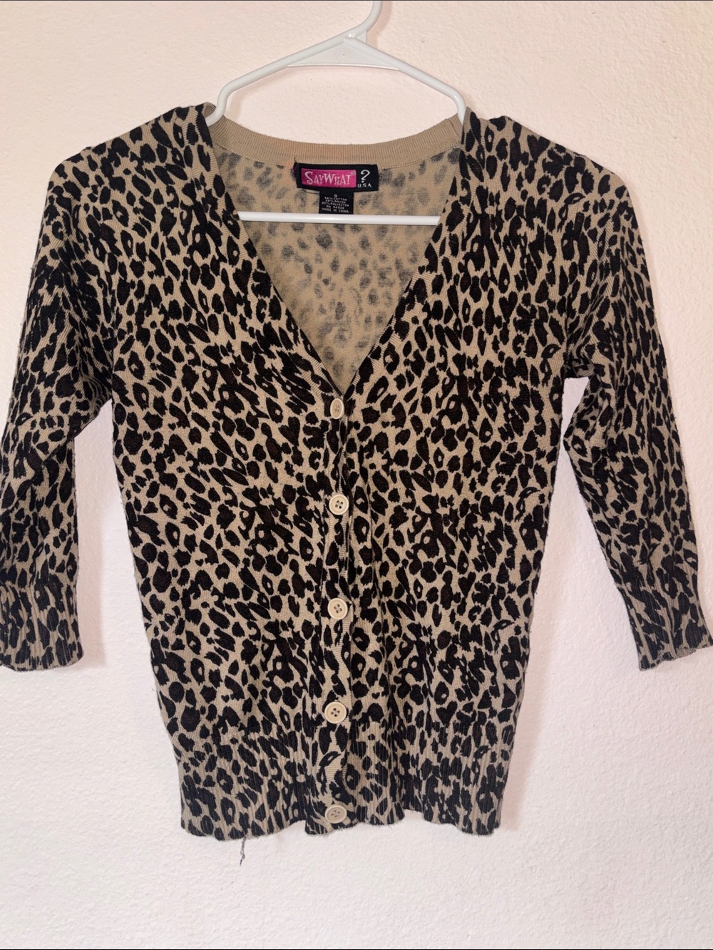 Say What? Woman’s Leopard Print Button-Front Cardigan With 3/4 Sleeves, Size S